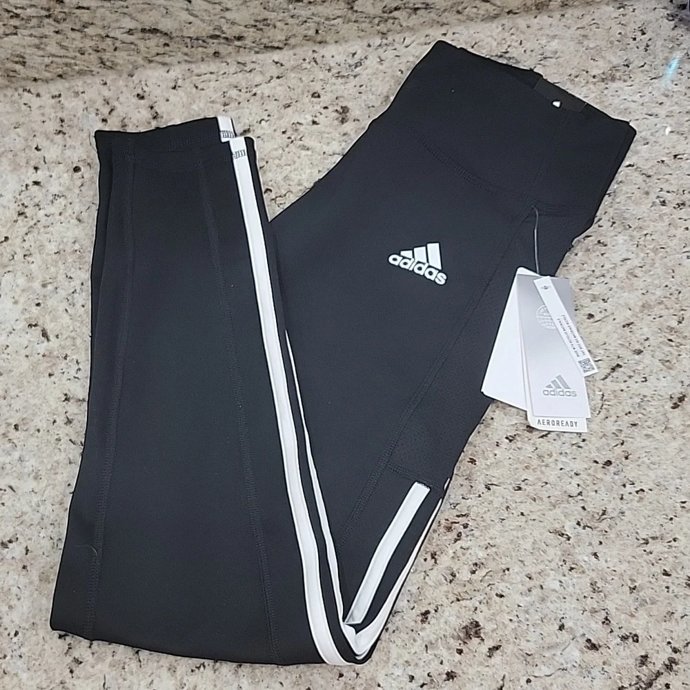 New with Tags Black 3 Stripe Addias High Rise 7/8 Leggings - Picture 1 of 4